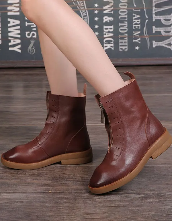 Retro Leather Thick-soled Zipper Front Short Boots