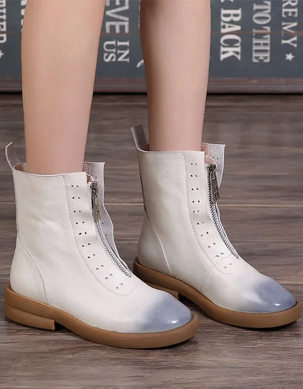 Retro Leather Thick-soled Zipper Front Short Boots