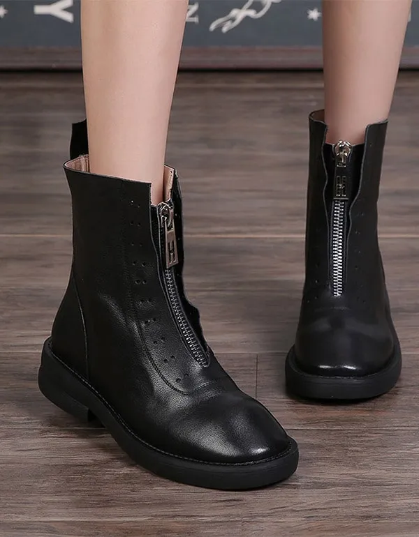 Retro Leather Thick-soled Zipper Front Short Boots
