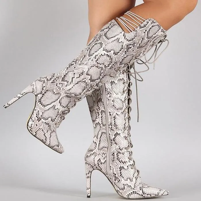 Snakeskin Lace Up High Heel Knee High Boots