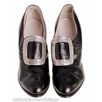 Vintage Womens Black Leather Pumps 1914 Pilgrim Buckle Sz 6 AA/B NIB Campbell