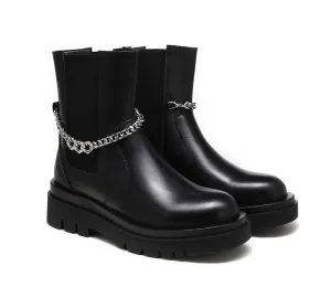 Women Leather Ankle Boots With Removable Metal Chain Decor Cheska