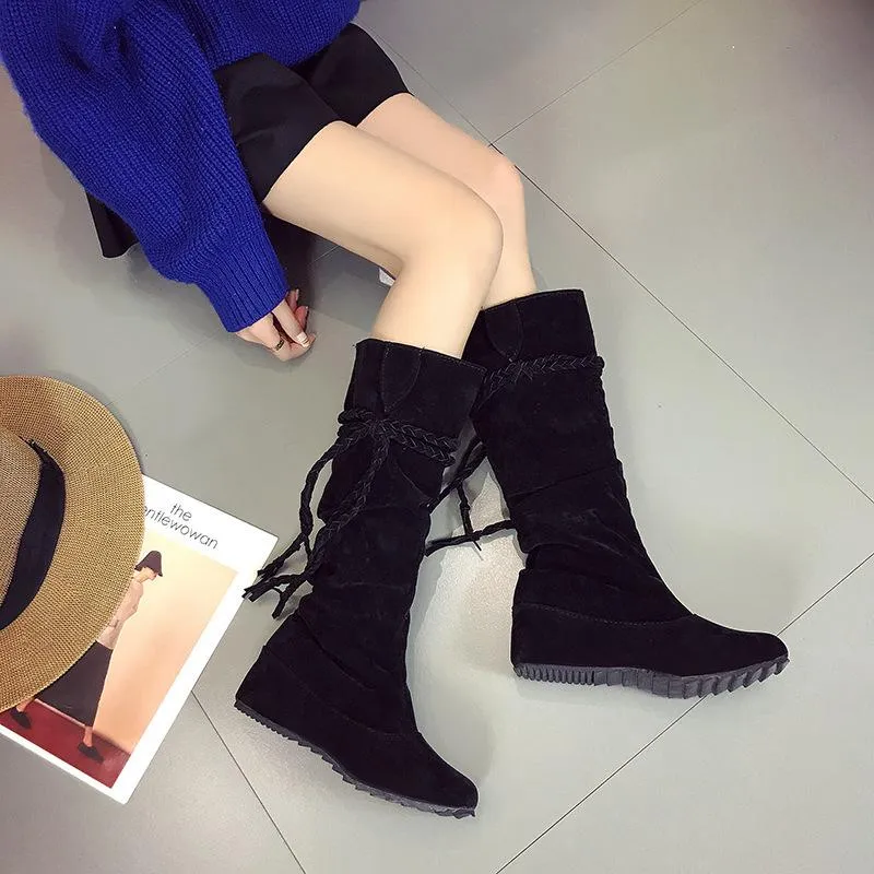 Women winter flat woven fringed knee high boots