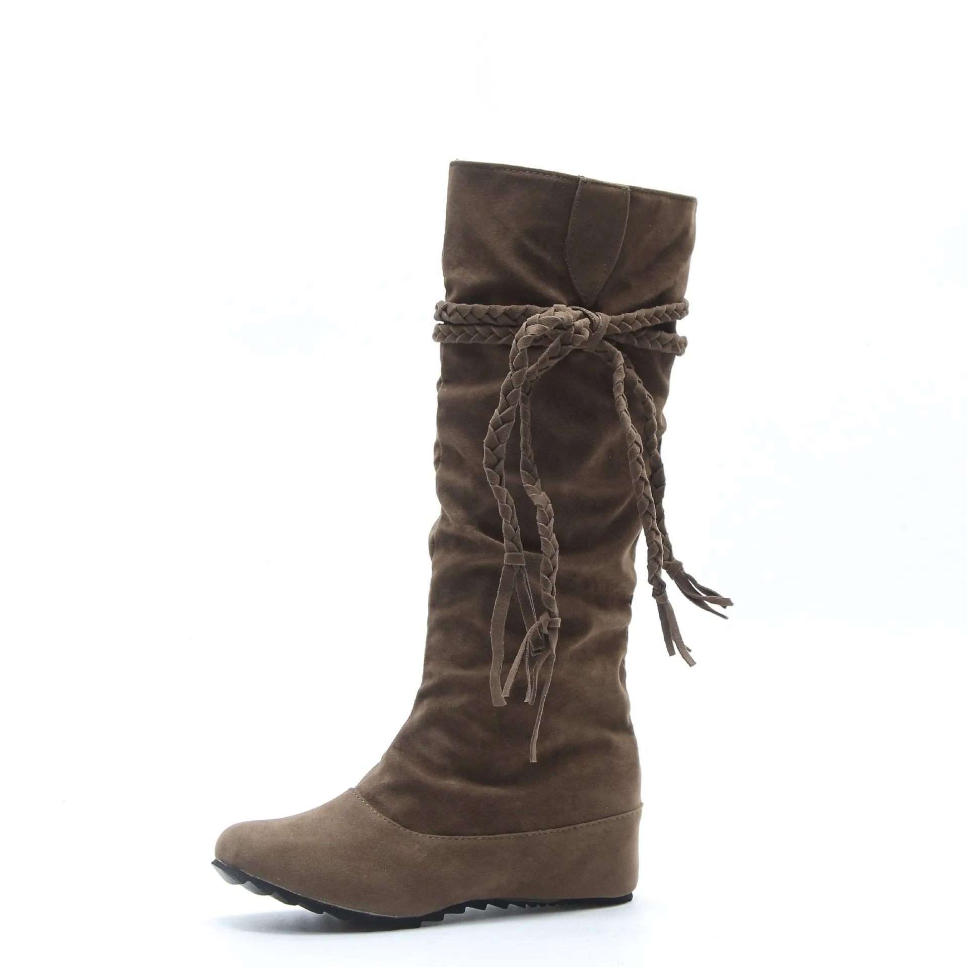 Women winter flat woven fringed knee high boots