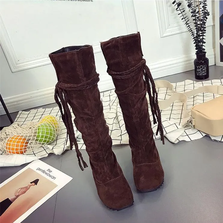Women winter flat woven fringed knee high boots