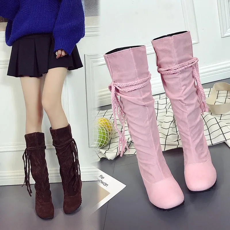 Women winter flat woven fringed knee high boots