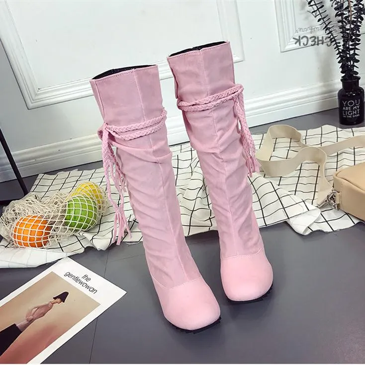 Women winter flat woven fringed knee high boots
