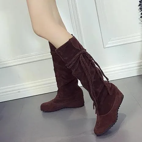 Women winter flat woven fringed knee high boots