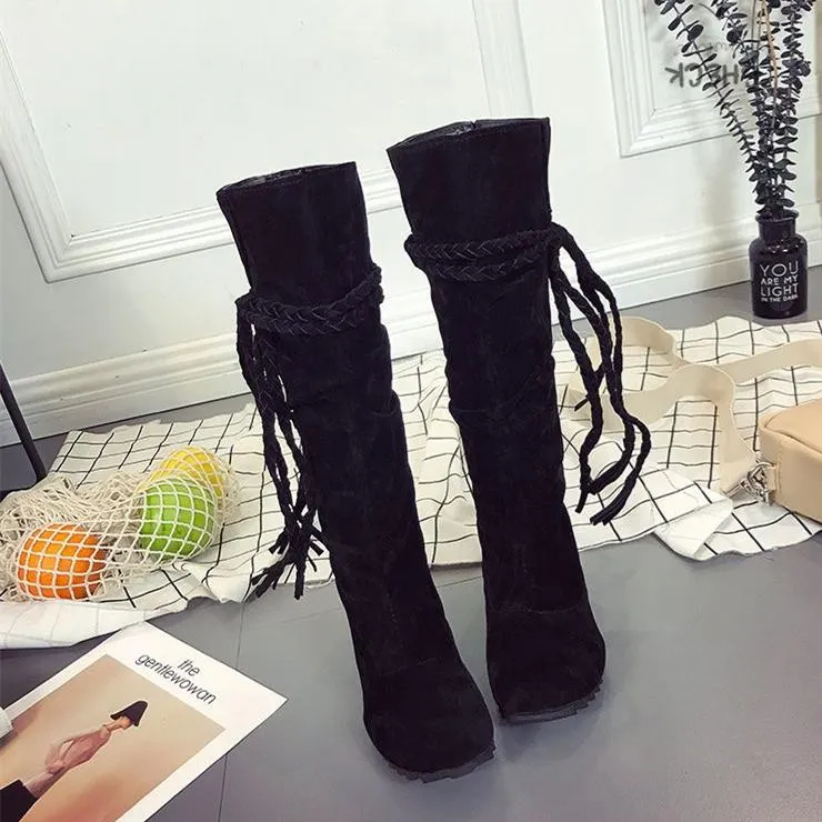Women winter flat woven fringed knee high boots