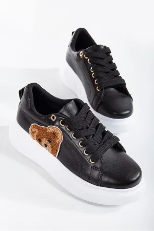 Women's Black Thick-Soled Teddy Bear Detailed Sneakers