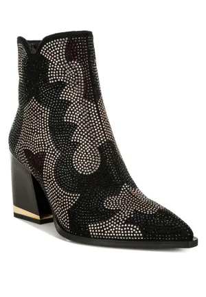 Zarka Rhinestone Block Heel Boots – Pointed Toe Party Boots for Women